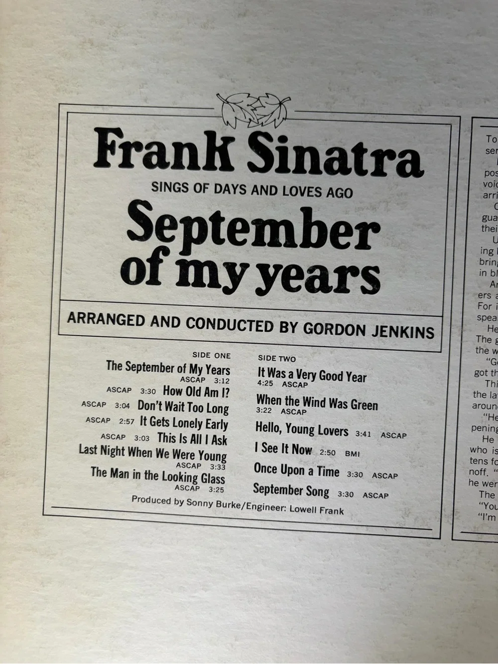 Frank Sinatra September of My Years Vinyl Record LP Album 1965 Album Vintage
